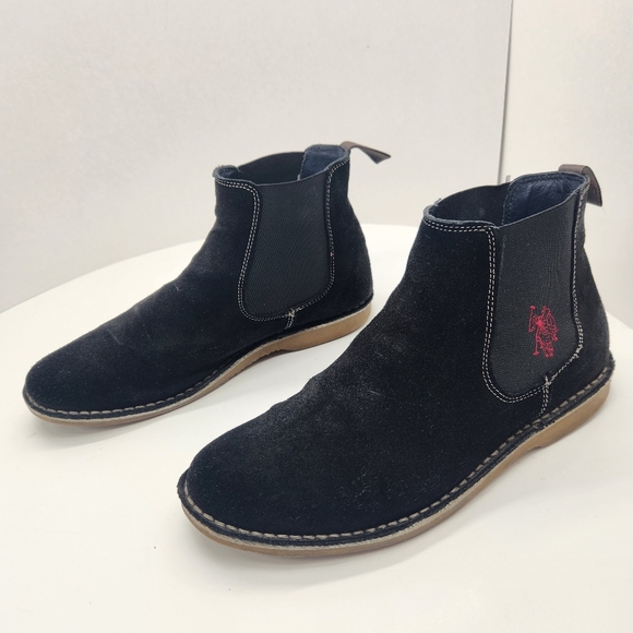 Suede Ankle Boots Women's 8 Black Chelsea Flats Logo Preppy Comfort Minimalist - Picture 3 of 16